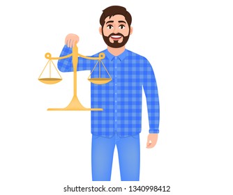 Bearded man holds scales, man weighs something, guy dressed in checkered shirt and jeans, character in cartoon style