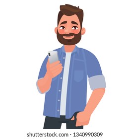 Bearded man holds smartphone in hands. People and gadgets. Using the application in the phone. Vector illustration in cartoon style