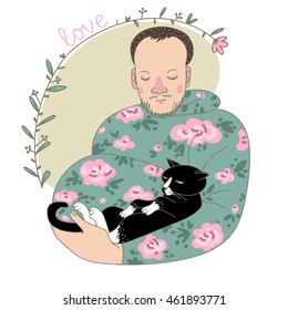 bearded man hugging the cat
