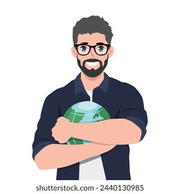 Bearded man hugging the planet, the concept of environmental protection. Flat vector illustration isolated on white background