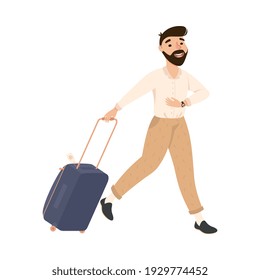 Bearded Man Hurrying to Flight at Airport, Young Man Tourist Carrying Luggage Going on Summer Vacation Cartoon Vector Illustration