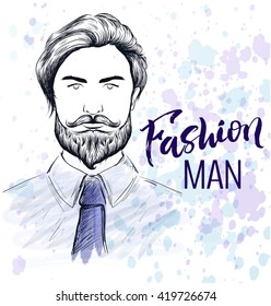 Bearded man illustration. Hand lettering, ink and watercolor effects on white background.