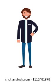 Bearded man in jacket and blue jeans stand smiling vector illustration isolated on white. Handsome cheerful business person in flat style cartoon design