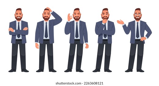 Bearded man in a jacket, trousers, shirt and tie stands in different poses. Man in full growth character set. A businessman stands with his arms crossed, thinks about something, shows an OK sign