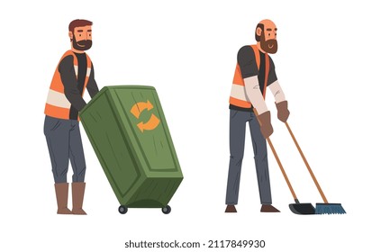 Bearded Man Janitor Wearing Orange Vest Pulling Dustbin and Sweeping Ground Vector Set