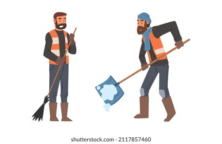 Bearded Man Janitor Wearing Orange Vest Shovel Away Snow and Sweeping Ground with Besom Vector Set