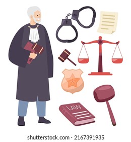 Bearded Man In Judges Attire And Legal Career, Scale, Mallet,  Law Textbook, Handcuff In Cartoon Character, Vector Illustration