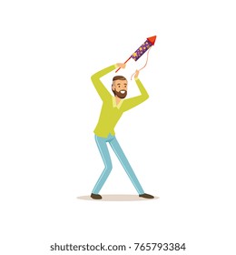 Bearded man launches firework rocket for birthday or festival party. Male character having fun during celebration holiday. Isolated flat vector design