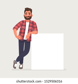 Bearded man is leaning on a blank poster. A place to post your advertisement or other information. Advertising. Vector illustration in cartoon style