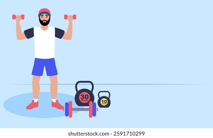 Bearded man lifting weights, exercising with dumbbells and kettlebells, promoting healthy lifestyle and wellness