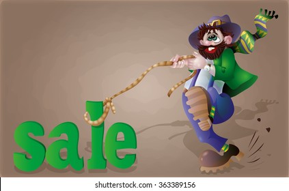 A bearded man, like a leprechaun, caught in the noose sale. illustration seasonal discounts. For your convenience, each significant element is in a separate layer