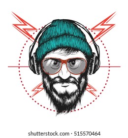 bearded man listening a music in headphones.Music fan .Vector label