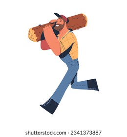 Bearded Man Logger or Lumberjack in Checkered Shirt Running with Log Vector Illustration