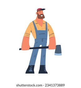 Bearded Man Logger or Lumberjack in Checkered Shirt Standing with Axe Vector Illustration