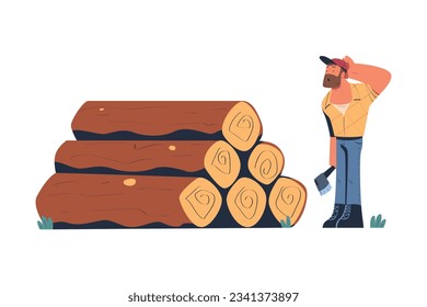 Bearded Man Logger or Lumberjack in Checkered Shirt Standing Near Log Pile with Axe Scratching Head Vector Illustration