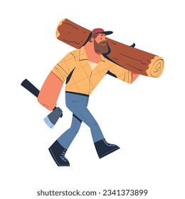 Bearded Man Logger or Lumberjack in Checkered Shirt Carrying Log and Axe Vector Illustration