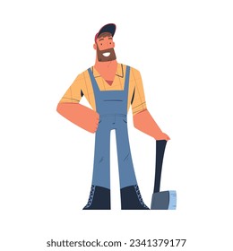 Bearded Man Logger or Lumberjack in Checkered Shirt Standing with Axe Vector Illustration