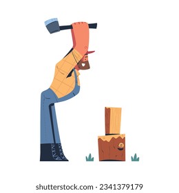 Bearded Man Logger or Lumberjack in Checkered Shirt Chopping Wood with Axe Vector Illustration