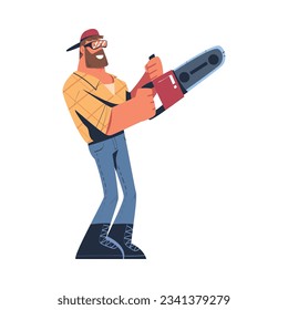 Bearded Man Logger or Lumberjack in Checkered Shirt and Goggles with Saw Vector Illustration