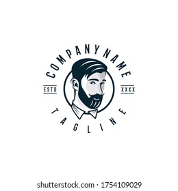 Bearded man logo design template. Awesome a bearded man line art logo. A bearded man silhouette logotype.