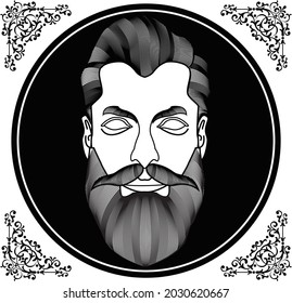 Bearded man logo design template. Awesome a bearded man with corner pattern. A bearded man silhouette logotype. Retro vintage style