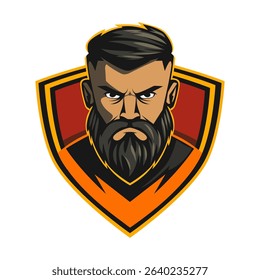 Bearded man logo. Vector illustration of a bearded man with a menacing face. Logo for a serious barbershop of a bearded man. Logo for a sports team mascot, cosmetics, brand, barbershop.