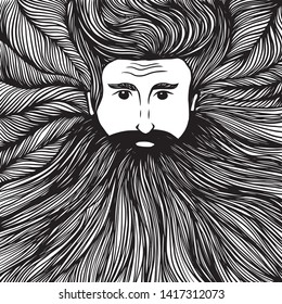Bearded man with long hair. Vector illustration