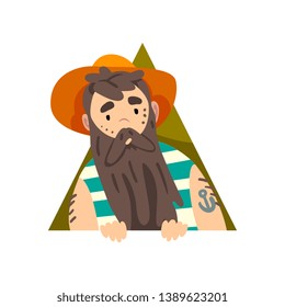 Bearded Man Looking Out Triangle Shape Cartoon Vector Illustration