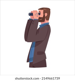Bearded Man Looking at Something Interesting in Binoculars Vector Illustration