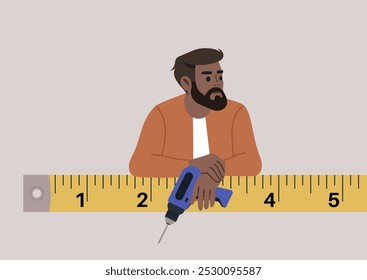 Un hombre barbudo, perdido en el pensamiento, mide los materiales con una cinta métrica, sosteniendo un taladro en la mano, parece listo para embarcarse en su próximo proyecto de hogar creativo en un acogedor entorno de taller