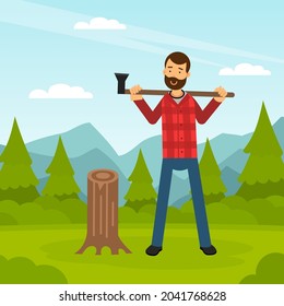 Bearded Man Lumberjack in Red Checkered Shirt Working with Wood Chopper and Lumber Vector Illustration