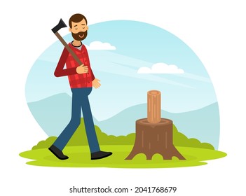 Bearded Man Lumberjack in Red Checkered Shirt Working with Wood Chopper and Lumber Vector Illustration