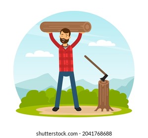 Bearded Man Lumberjack in Red Checkered Shirt Working with Wood Chopper and Lumber Vector Illustration