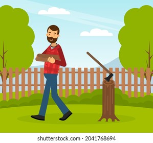 Bearded Man Lumberjack in Red Checkered Shirt Working with Wood Chopper and Lumber Vector Illustration