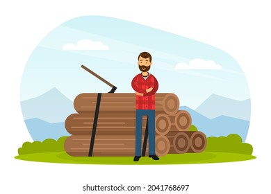 Bearded Man Lumberjack in Red Checkered Shirt Standing Near Pile of Logs and Wood Chopper Vector Illustration