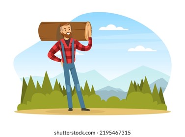 Bearded Man Lumberjack or Woodman in Red Checkered Shirt Carrying Log on His Shoulders Vector Illustration