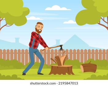 Bearded Man Lumberjack or Woodman in Red Checkered Shirt with Ax Cutting Wood Vector Illustration