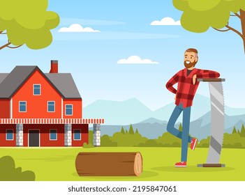 Bearded Man Lumberjack or Woodman in Red Checkered Shirt with Saw Standing on Green Lawn with Log Vector Illustration