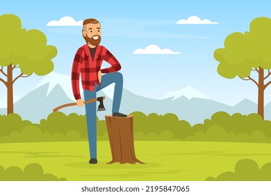 Bearded Man Lumberjack or Woodman in Red Checkered Shirt with Ax Leaning on Tree Stump Vector Illustration