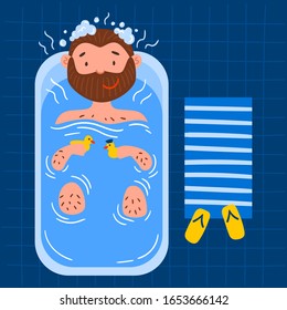 Hombre con barba en una bañera y jugando con patos de juguete. Carácter vectorial tomando un baño. Ilustración de estilo de dibujo