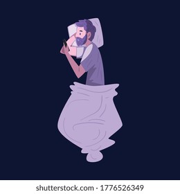 Bearded Man Lying in the Bed with Smartphone at Night, Guy Playing Online Video Game or Chatting on Social Networks, View from Above Vector Illustration