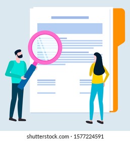 Bearded man with magnifying glass, broker examining contract before sign it, cartoon woman and guy. Vector finansist or online consultant at work