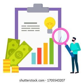 Bearded man with magnifying glass isolated cartoon style person investigating graphs and charts, bulb and stacks of money. Clip folder with new idea symbol