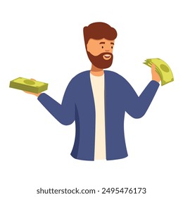 Bearded man making a choice and deciding between two different stacks of money