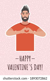 Bearded man making or gesturing heart symbol. Design of a postcard, print or banner for Valentine's Day.