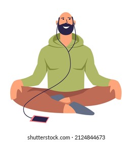 Bearded man meditates in headphones and with a mobile phone. Happy man sitting in lotus position. A scene of meditation, relaxation and positive emotions. Flat design isolated on white background. 