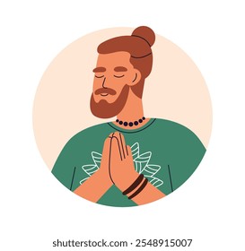 Homem barbudo em meditação com mãos zen juntas. Oração em postura meditativa com palmas da paz, atenção. Acalme-se avatar masculino, retrato círculo. Ilustração de vetor plano isolada no plano de fundo branco