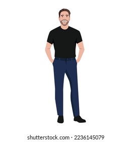 Bearded Man in with Muscular Body in Standing Pose with both his hands inside pocket. Full Length Vector Illustration