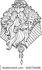 bearded Man with mustache for adult coloring pages, Tattoo art, ethnic patterned t-shirt print. Monochrome hand drawn illustration in doodle style. A4 size.