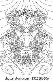 bearded Man with mustache for adult coloring pages, Tattoo art, ethnic patterned t-shirt print. Monochrome hand drawn illustration in doodle style.